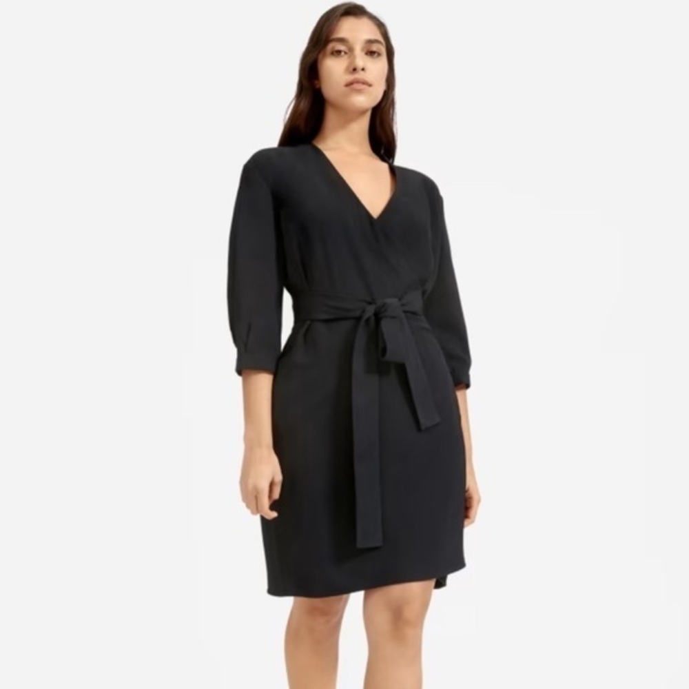 NEW Everlane $110 retail knee length wrap dress. Black, tie belt size 0